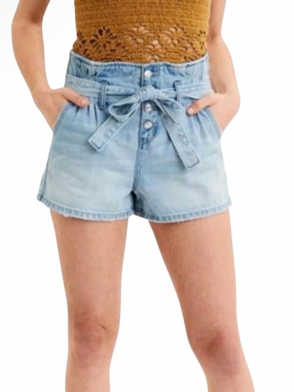 American Eagle Paperbag Waist Denim Shorts Women's 10 Coastal Grandmother Summer